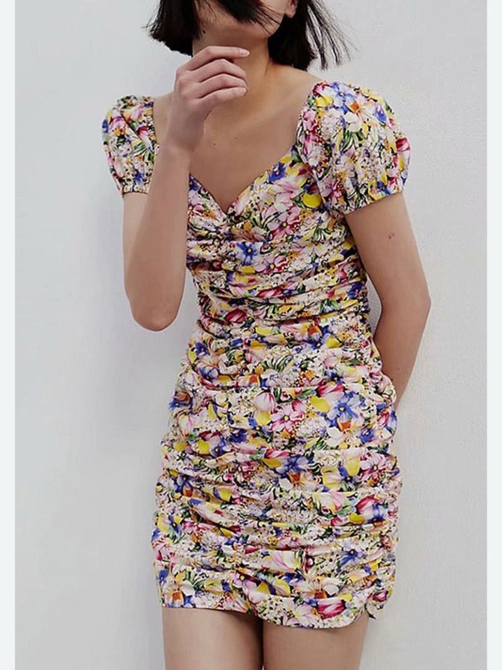 Zara Floral Ruched Puff Sleeve Cottagecore Fairy Romantic Mini Dress Large